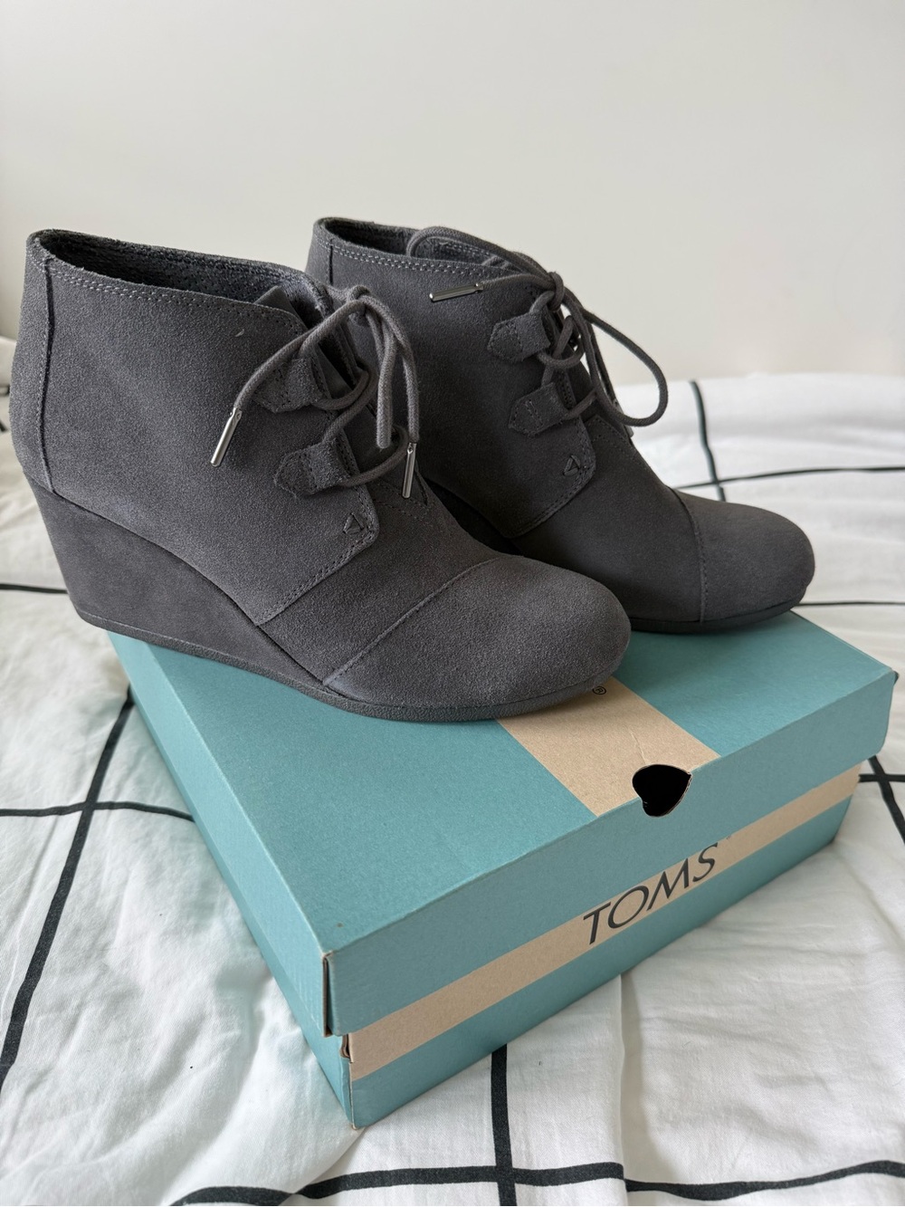TOMS Gray Suede Lace-Up Wedge Booties